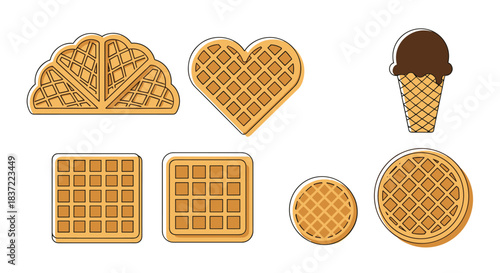 Collection of various Belgian waffles in different shapes like heart and square, along with a chocolate ice cream cone illustration.
