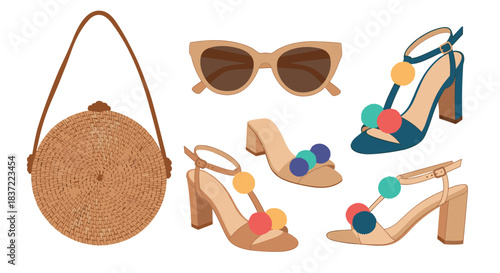 Stylish summer fashion accessories set for a beach vacation, including a rattan bag, sunglasses, and heeled sandals with pompoms.