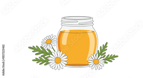 Natural and calming illustration of a glass jar of honey surrounded by fresh chamomile flowers and green leaves on a white background.