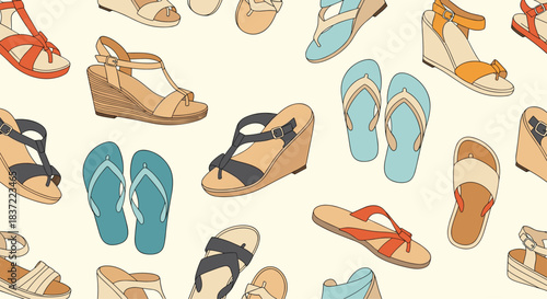 Chic and casual seamless pattern of various women's summer shoes, including wedge sandals and colorful flip-flops, on a beige background.