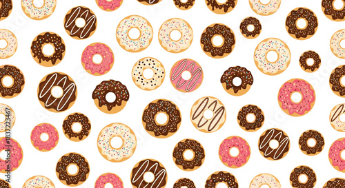 Delicious and colorful seamless pattern of various donuts with different toppings like chocolate, strawberry glaze, and sprinkles.