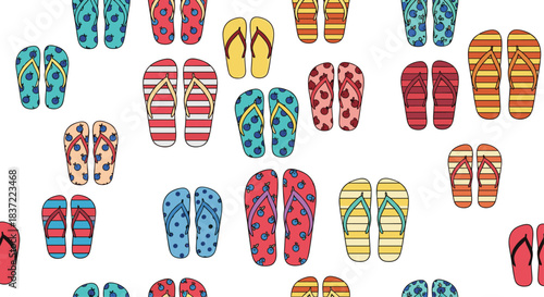 Vibrant and playful seamless pattern of colorful flip-flops with various fun designs like stripes and fruits on a white background.