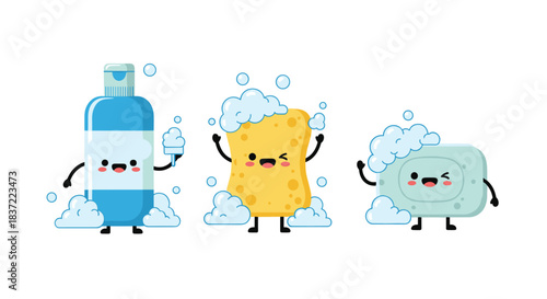 Adorable set of kawaii hygiene characters, including a happy shampoo bottle, a cheerful sponge, and a winking bar of soap.