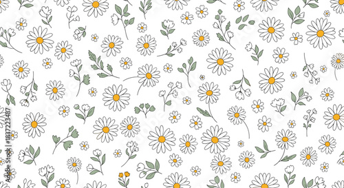 Delicate and fresh seamless pattern of hand-drawn daisy and chamomile flowers with green leaves scattered on a white background.