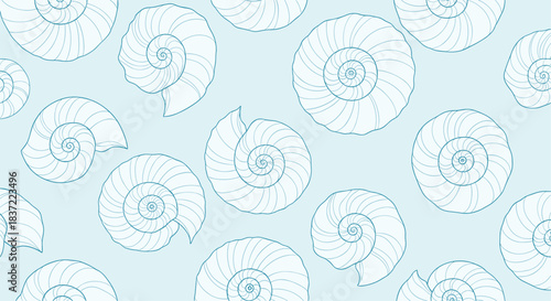 Clean and simple seamless pattern of nautilus and ammonite shells drawn in a white outline style on a calming light blue background.