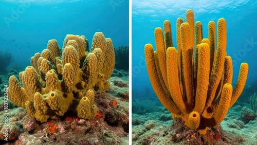 Fototapeta Naklejka Na Ścianę i Meble -  Two vibrant yellow sponges on a coral reef with blue water in the background.