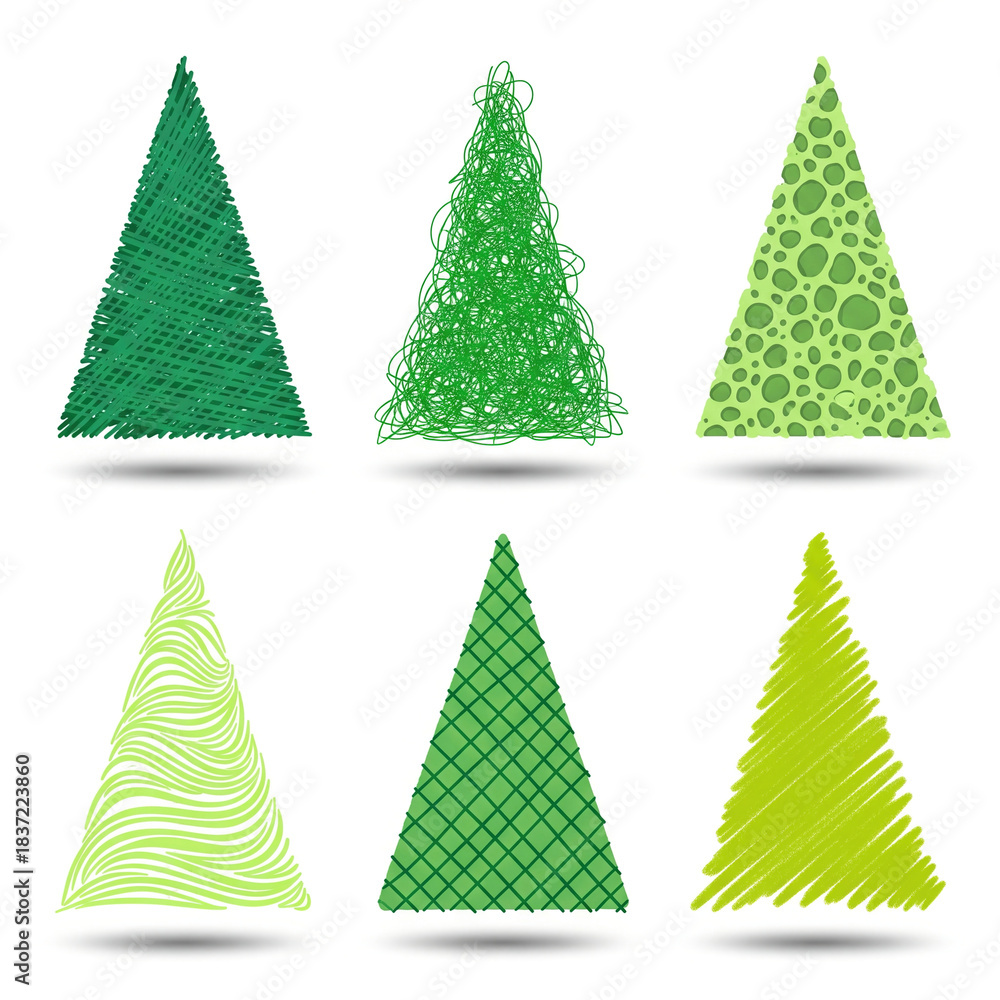 Obraz premium Six different stylized, hand-drawn-style green pine tree illustrations. Ideal for creative projects with Christmas and environmental themes.