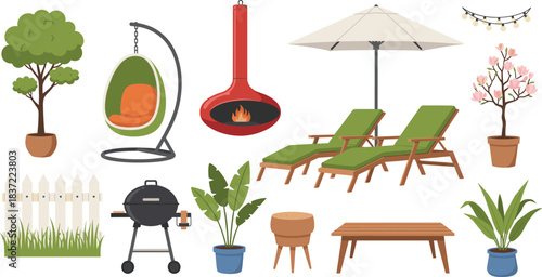 Vector Collection of Outdoor and Patio Furniture, Including Sun Loungers, Hanging Chair, BBQ Grill, Umbrella, and Potted Plants, Ideal for Summer, Garden, and Leisure Design Concepts.