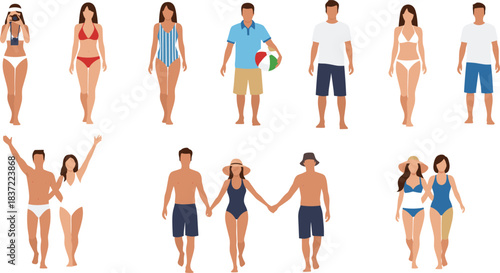 Large Vector Set of People in Swimsuits, Bikinis, and Beachwear, Representing Summer Vacation, Tropical Holidays, and Casual Beach Fun Activities.