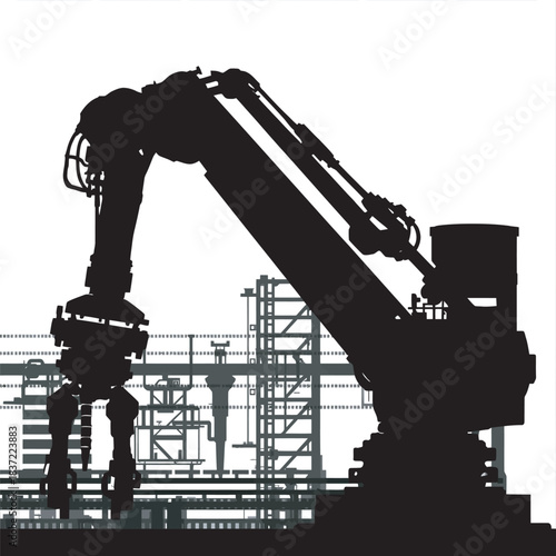 Silhouette of a crane at a busy industrial harbor with ships and construction equipment