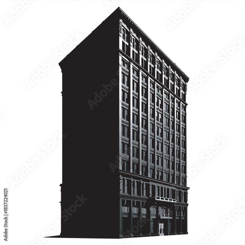 Sketch of a modern urban building with glass windows and a tall architectural structure
