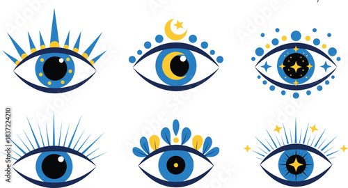 Vector Collection of Six Evil Eye Amulets and Nazar Symbols, Featuring Blue and Yellow Geometric Patterns with Stars and the Moon, Ideal for Protection, Spirituality, and Bohemian Design.