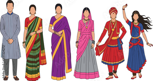 Vector Illustrations of Traditional Indian Attire, Including Diverse Regional Sarees and Classical Dance Costumes, Representing Indian Culture and Diversity.