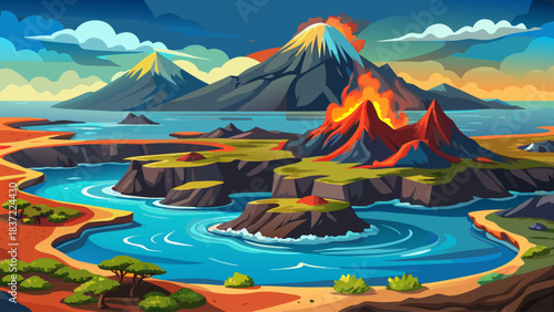 The Galapagos Islands showcasing untouched volcanic terrain, hardened lava fields. A remarkable natural habitat known worldwide for its rare species and dramatic geological beauty