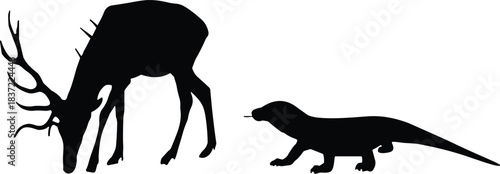 Black Silhouette of a Deer and an Otter on White Background Keywords: deer, silhouette, otter, animal, wildlife, mammal, antler