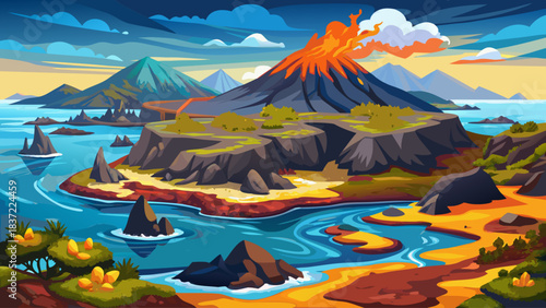 The Galapagos Islands showcasing untouched volcanic terrain, hardened lava fields. A remarkable natural habitat known worldwide for its rare species and dramatic geological beauty