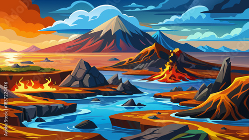 Volcanic landscapes of the Galapagos Islands featuring rugged lava formations, dramatic coastlines. A pristine and unique ecological environment ideal for nature and exploration themes