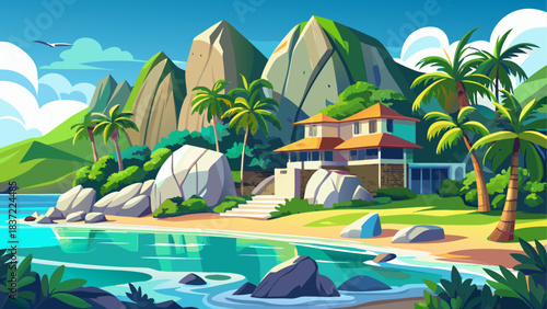 Luxury tropical resort scenery in Seychelles featuring turquoise Indian Ocean waters, smooth granite boulders, white sandy beaches, and lush green palm trees. Ideal for travel, paradise destinations