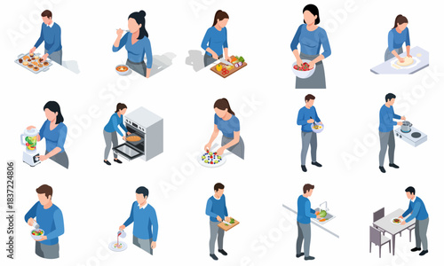 Isometric Detailed People Cooking and Preparing Food Illustration Set