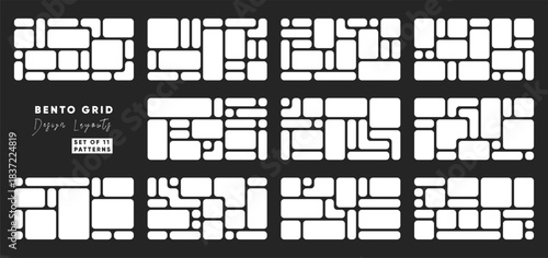 Bento grid outline white patterns on black. Set of 11 minimal geometric layouts for design frames, modular interfaces, and collage tempalates. Abstract vector illustrations.