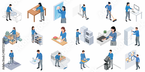 Isometric House Cleaning Activities Routine Illustration Scene Element Collection