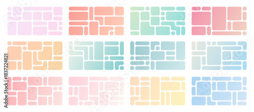 Soft gradient bento grid backgrounds. Pastel abstract tiles layouts with rounded corners for modern UI screens, wallpapers, social media covers and gentle collage templates.
