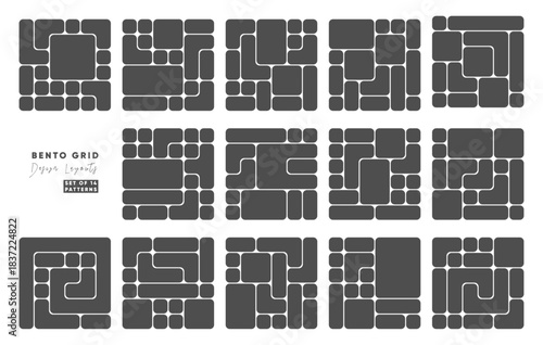Bento grid filled dark block arrangements. Set of 14 abstract modular patterns for web UI designs, presentation slides, and tiling frames. Trendy geometric vector templates.