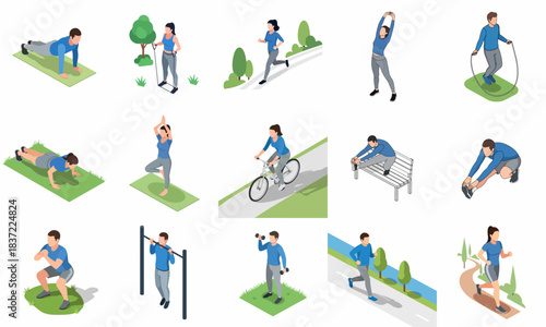 Isometric Diverse People Doing Outdoor Fitness Activities Healthy Lifestyle Illustration
