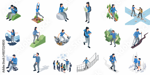 Isometric Detailed Hiking Activity Pictogram Illustration Various People and Environments