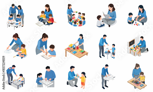 Wallpaper Mural Flat Isometric Family Activities Illustration Set, Parents with their Child Activities Torontodigital.ca