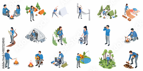 Isometric Detailed People Enjoying Camping and Outdoor Activity Illustration