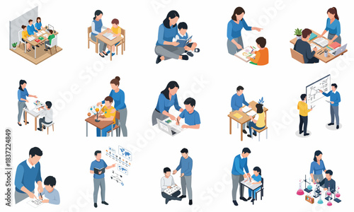 Isometric Mother Teaching her Child Homeschooling and Learning at Home