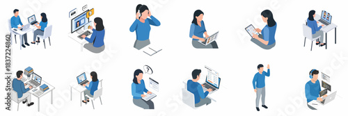 Isometric Style People Working on Laptop Tablet Communication and Collaboration Set