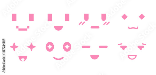 Kawaii minimal anime faces icon set. Simple pastel expressions for stickers, emojis, chat avatars and cute character design elements. Vector Isolated Kawaii Emoji Faces.