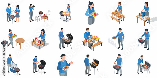 Isometric Detailed People Enjoying Outdoor Barbecue Grill Party Illustration Set