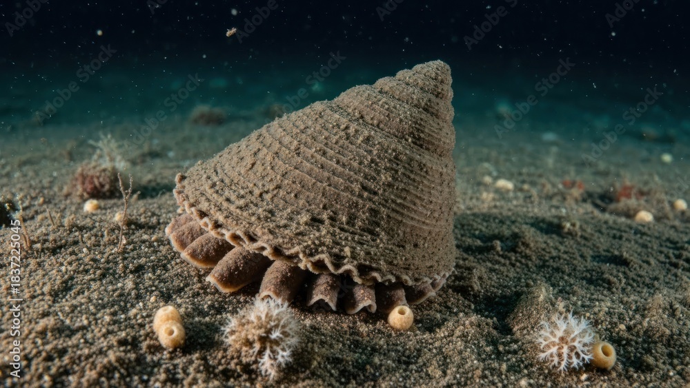 Fototapeta premium A hermit crab with a knitted shell on a sandy ocean floor.