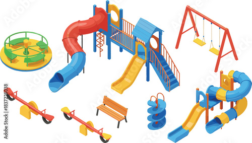 sometric Vector Illustration of Colorful Outdoor Playground Equipment Set Including Slides, Swings, Teeter-Totters, Merry-Go-Round, and Bench, Designed for Children's Recreation and Fun