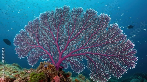 Fototapeta Naklejka Na Ścianę i Meble -  A vibrant purple sea fan coral with a dense network of branching arms on a coral reef with a blue background.