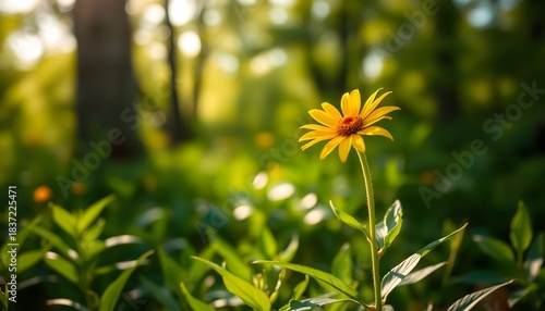 Fototapeta Naklejka Na Ścianę i Meble -  Yellow flowers with lush green foliage in a fresh meadow, with a soft bokeh background and warm sunlight.