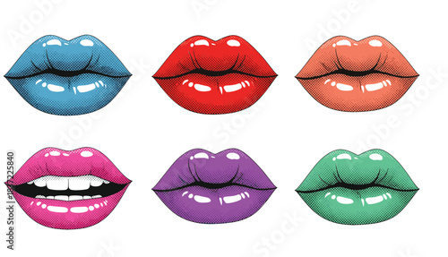  Pop Art Vector Illustration Set of Six Woman's Lips with Halftone Dot Texture in Vibrant Colors Including Red, Blue, Pink, Purple, Green, and Orange on White Background