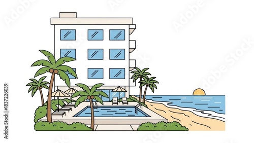 A beachfront hotel with a pool and palm trees, set against a serene ocean backdrop.