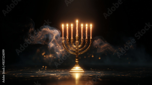 Elegant golden menorah with glowing candlelight on dark festive background for Hanukkah greetings, holiday banners, religious celebrations and seasonal designs