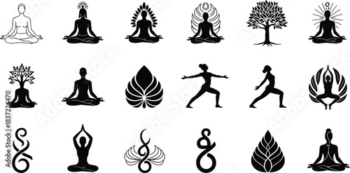 Yoga, meditation, wellness, icon, black, white, nature, mindfulness, pose, leaf, abstract, spiritual, peace, calm, balance, harmony, silhouette, grid, minimal, energy