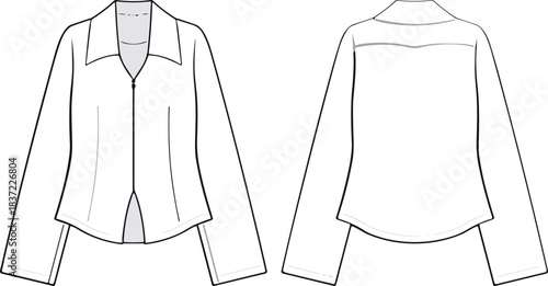 Front and Back View of a White Button- Up Blouse with Long Sleeves Keywords: blouse, shirt, fashion, clothing, apparel, garment