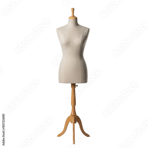 Beige tailor mannequin on wooden stand representing fashion design and clothing sewing tool