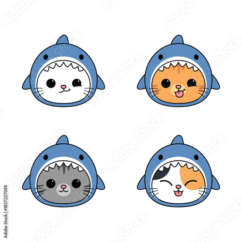 Cute cat faces wearing blue shark hood costumes cartoon collection, vector illustration