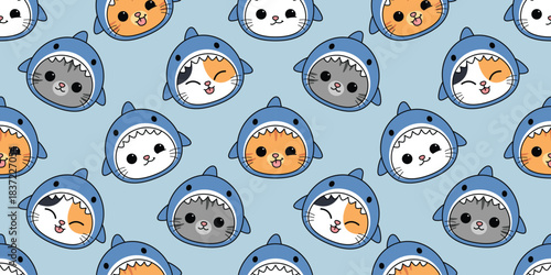 Seamless pattern of cute cat faces wearing blue shark hood costumes cartoon, vector illustration