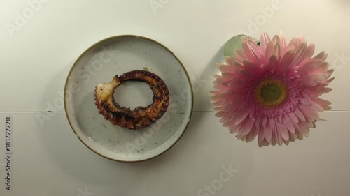 polipo cotto su piastra impiattato