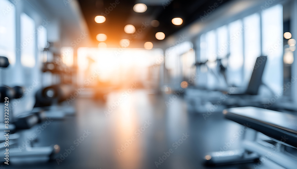 Fototapeta premium A blurred interior of a modern gym showcasing fitness equipment and natural light from large windows, creating an energetic atmosphere.