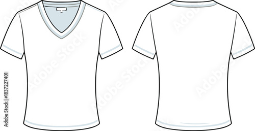 Front and Back View of a White V- Neck T- Shirt Keywords: t-shirt, shirt, clothing, apparel, garment, top, casual, unisex, men